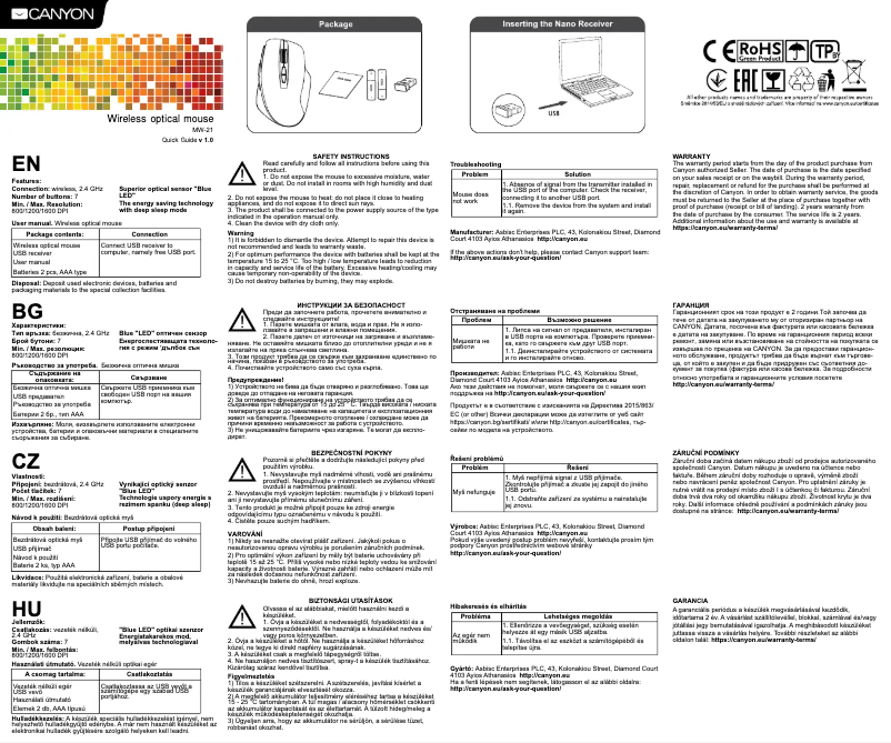 Page 1 de la notice Manuel utilisateur Canyon MW-21