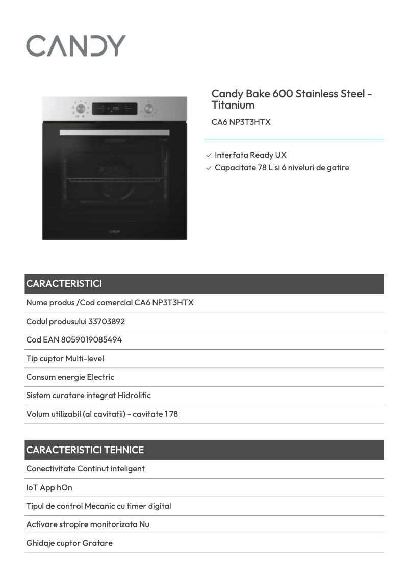 Page 1 de la notice Fiche technique Candy CA6 NP3T3HTX