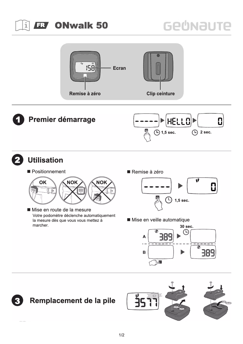 Page 1 de la notice Manuel utilisateur Geonaute ONwalk 50