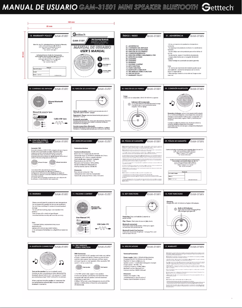 Page n°1 - Manuel utilisateur Getttech GAM-31501R