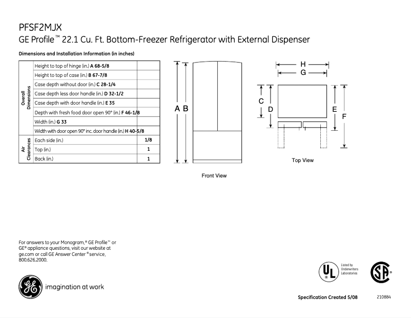 Página 1 del manual Ficha técnica GE Profile PFSF2MJXBB
