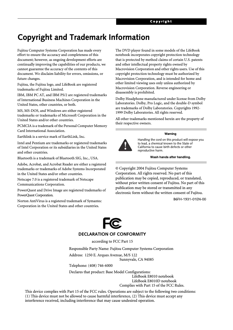 Image de la première page du manuel de l'appareil LifeBook E8000