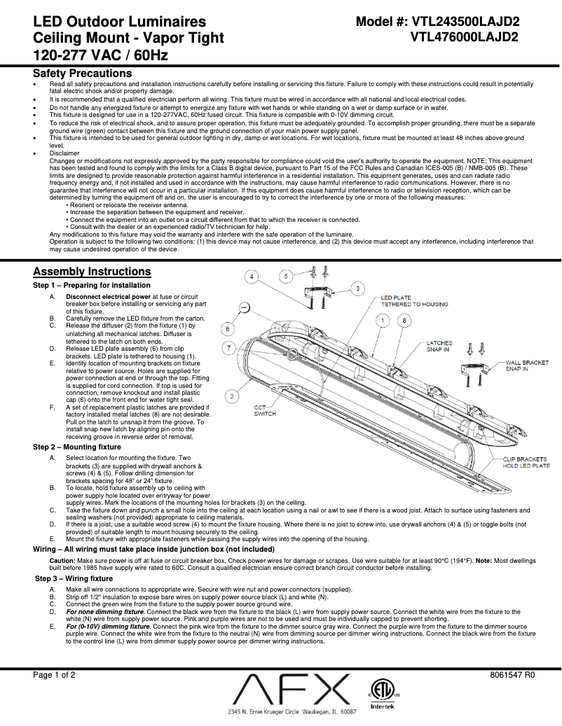 Page n°1 - Manuel utilisateur AFX Vaportite VTL476000LAJD2