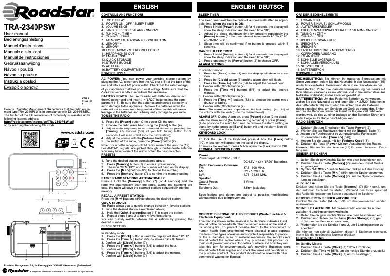 Page 1 de la notice Fiche technique Roadstar TRA-2340PSW