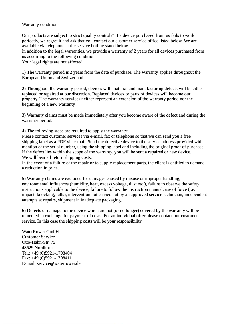 Page 1 de la notice Informations de garantie Waterrower Club Sport