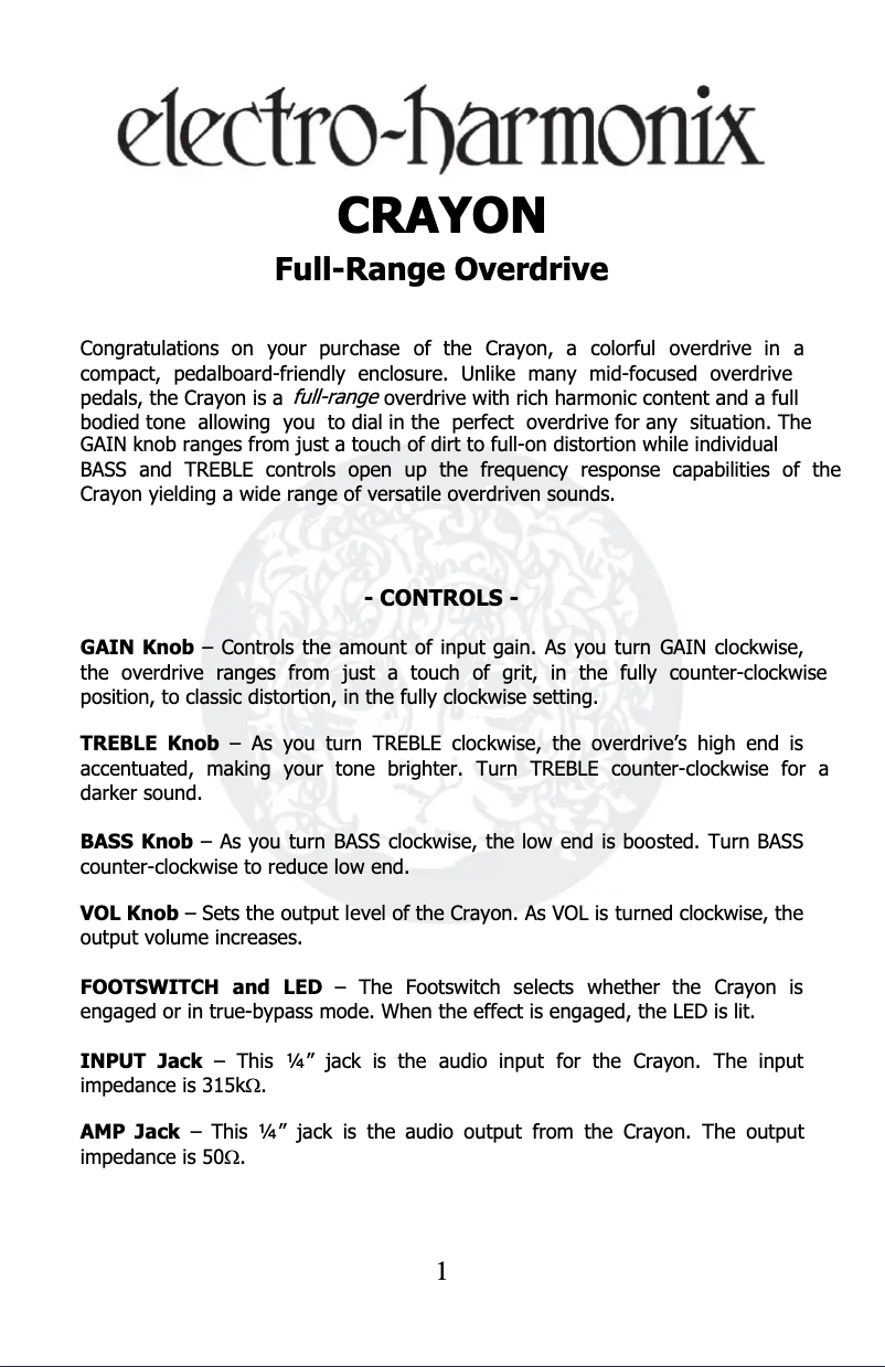 Page 1 de la notice Manuel utilisateur Electro Harmonix Crayon