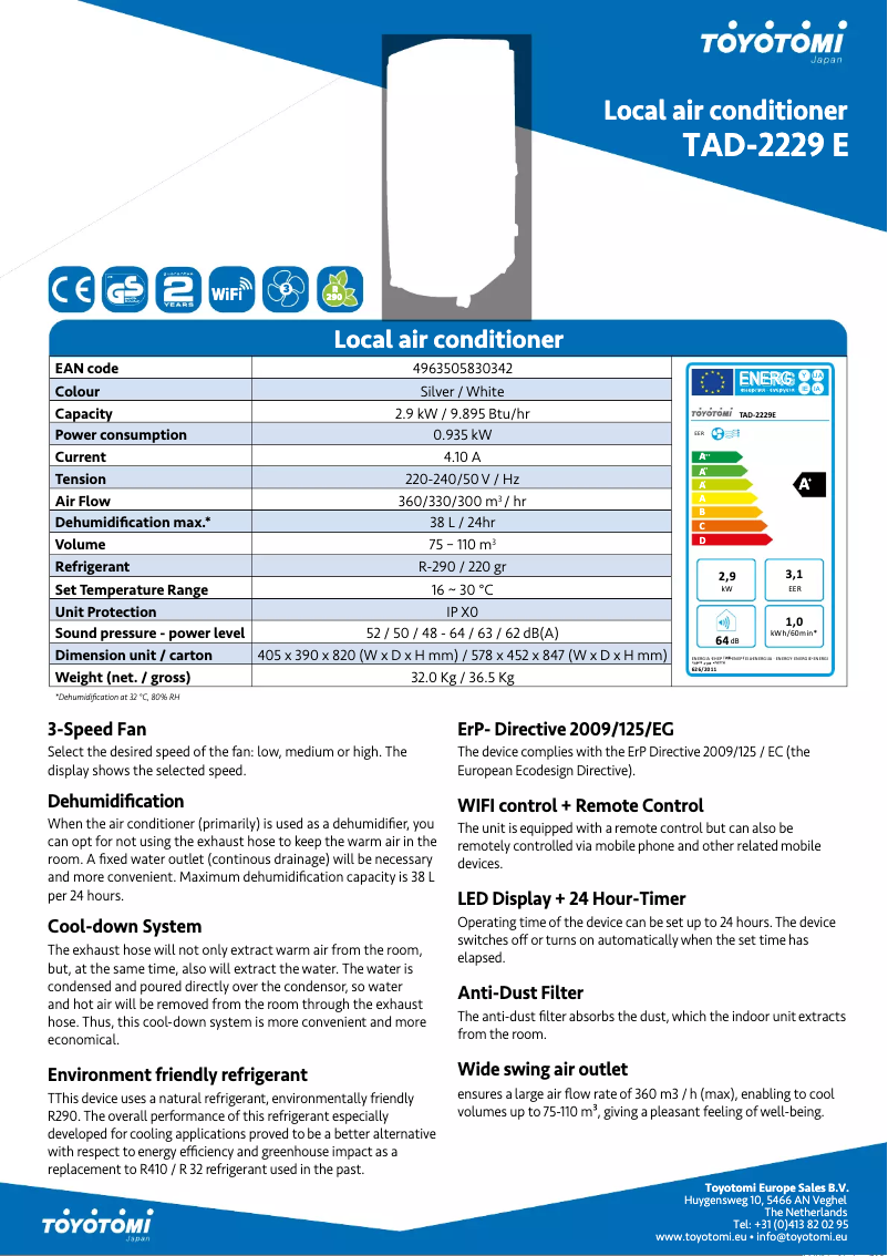 Page 1 de la notice Fiche technique Toyotomi TAD-2229E