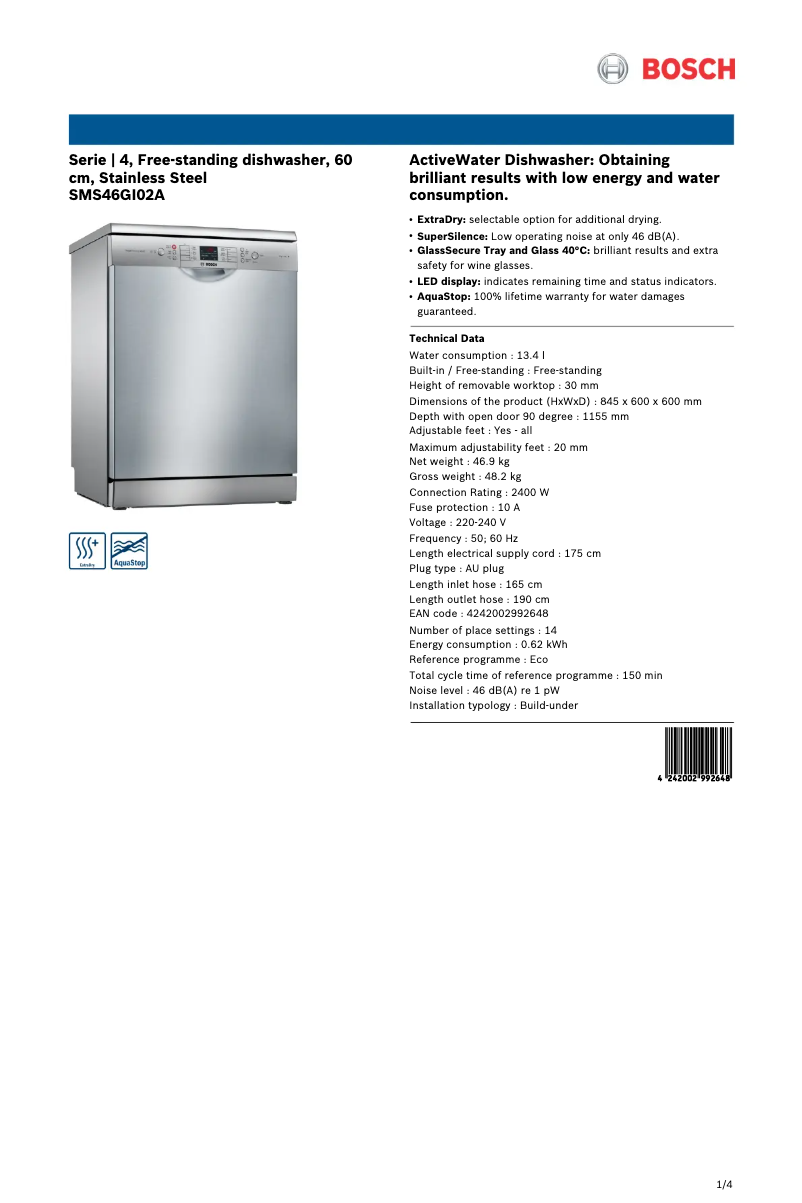 Page n°1 - Fiche technique Bosch SMS46GI02A