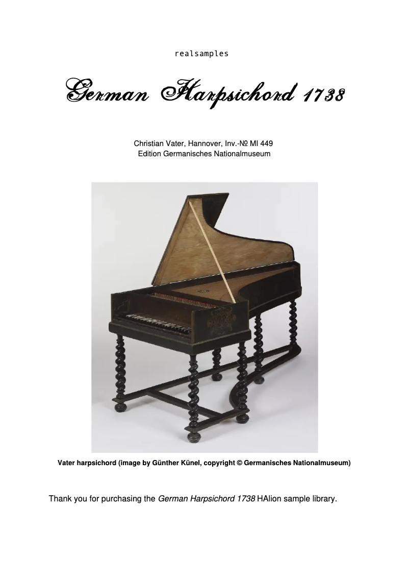 Image de la première page du manuel de l'appareil German Harpsichord 1738