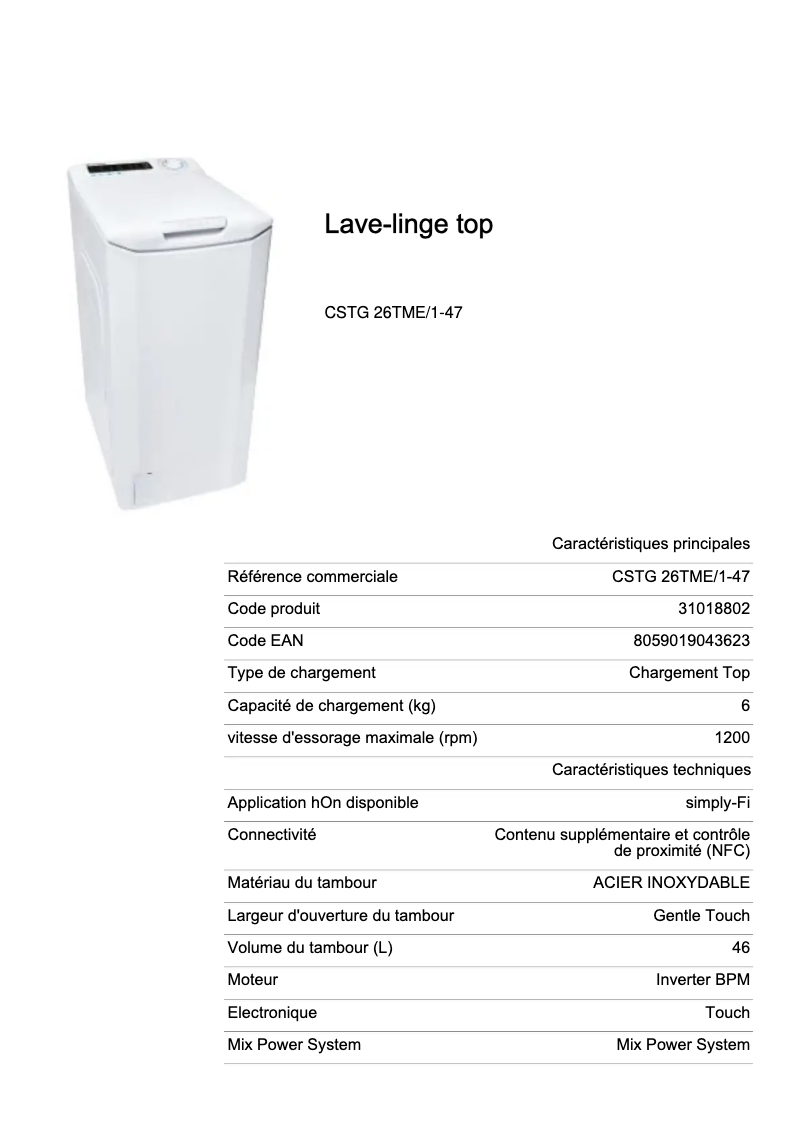 Page 1 de la notice Fiche technique Candy CSTG 26TME/1-47