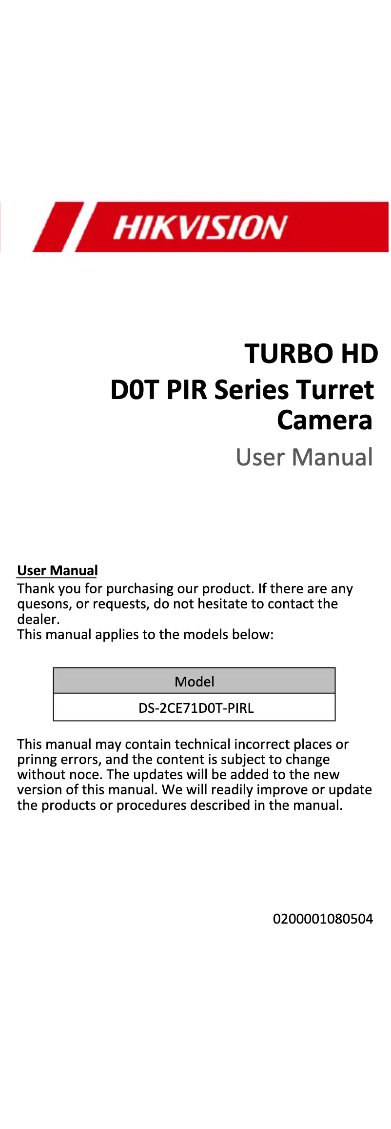 Image de la première page du manuel de l'appareil DS-2CE71D0T-PIRL