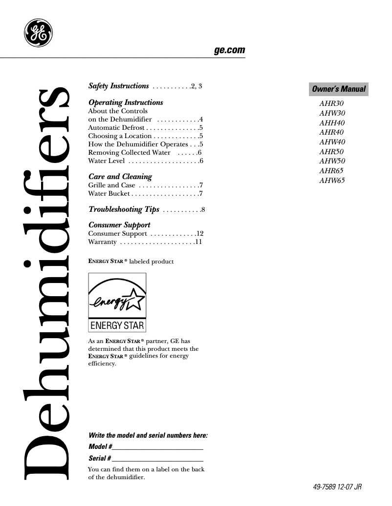 First page image of the manual for AHW40LL