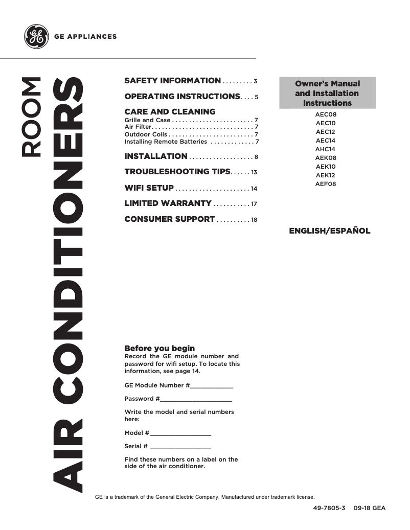 Page n°1 - Guide d'installation GE AEC10AY