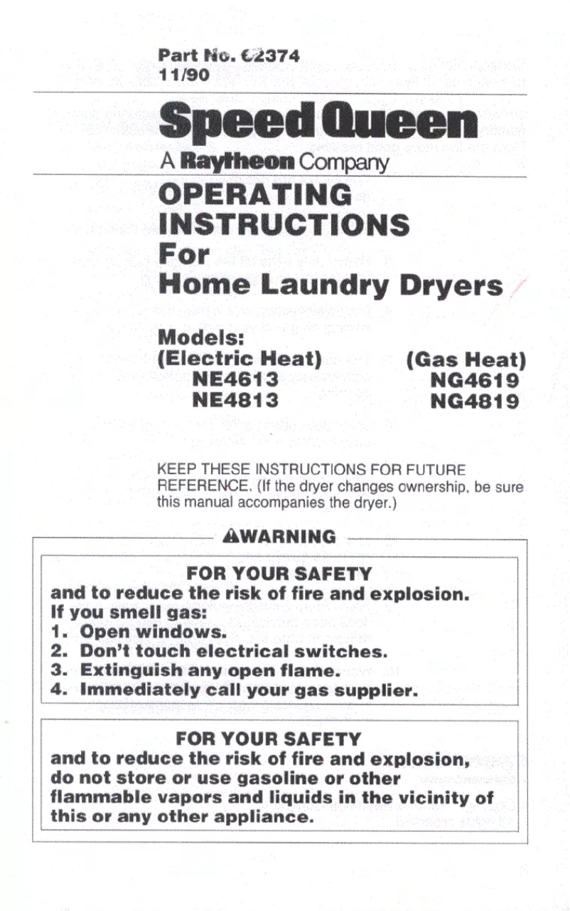 Page n°1 - Manuel utilisateur Speed Queen NG4819