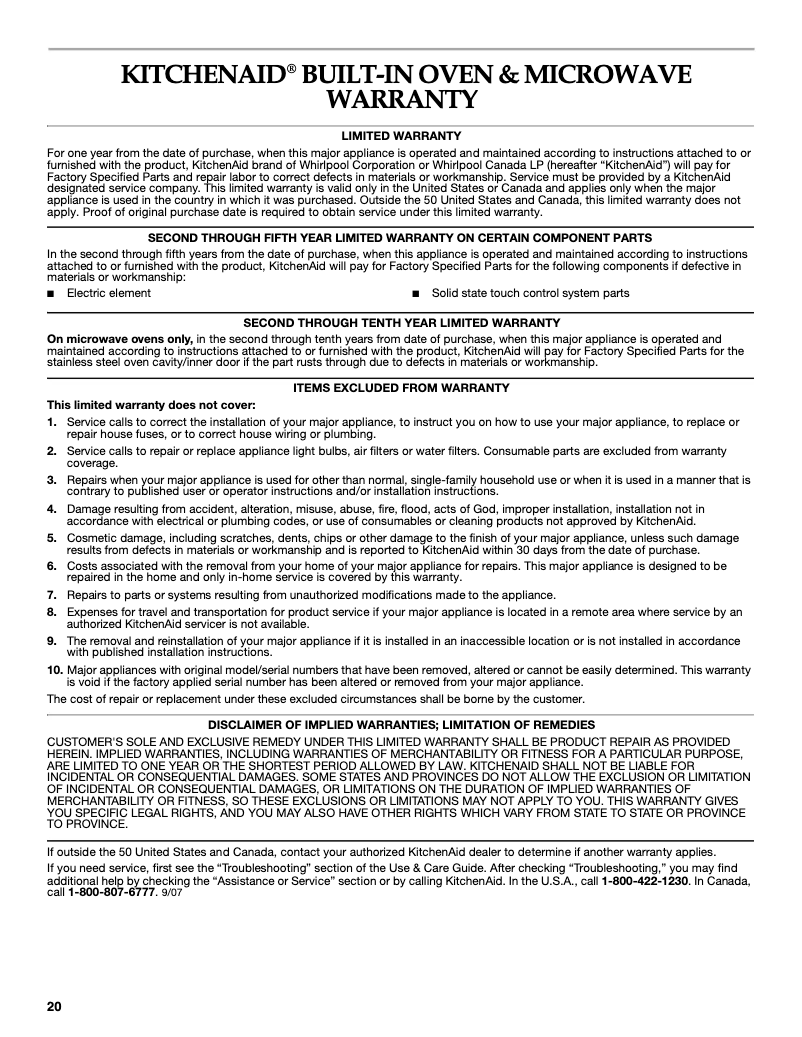 Page 1 de la notice Informations de garantie KitchenAid Pro Line KEMS309BSP