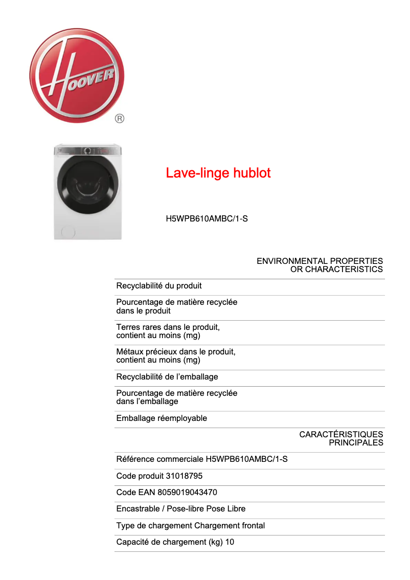 Página 1 del manual Ficha técnica Hoover H5WPB610AMBC/1-S