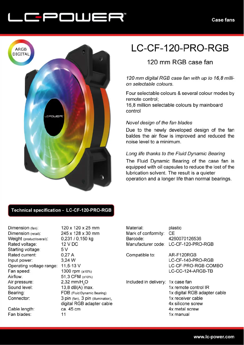 Page n°1 - Fiche technique LC-Power LC-CF-120-PRO-RGB