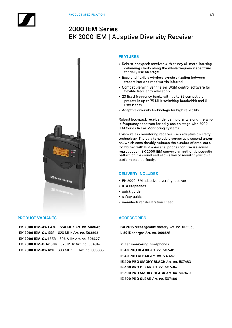 Page n°1 - Fiche technique Sennheiser EK 2000 IEM