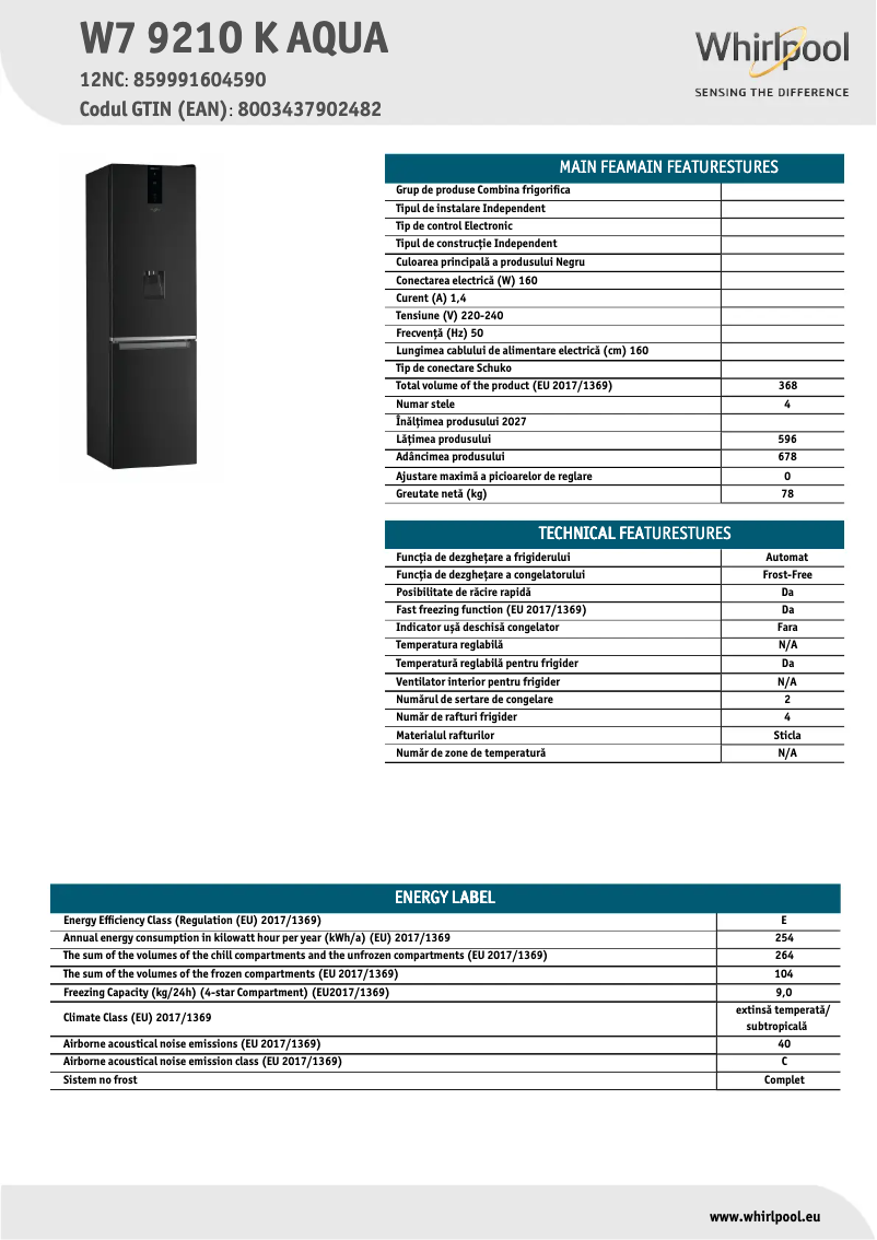 Page 1 de la notice Fiche technique Whirlpool W7 921O K AQUA