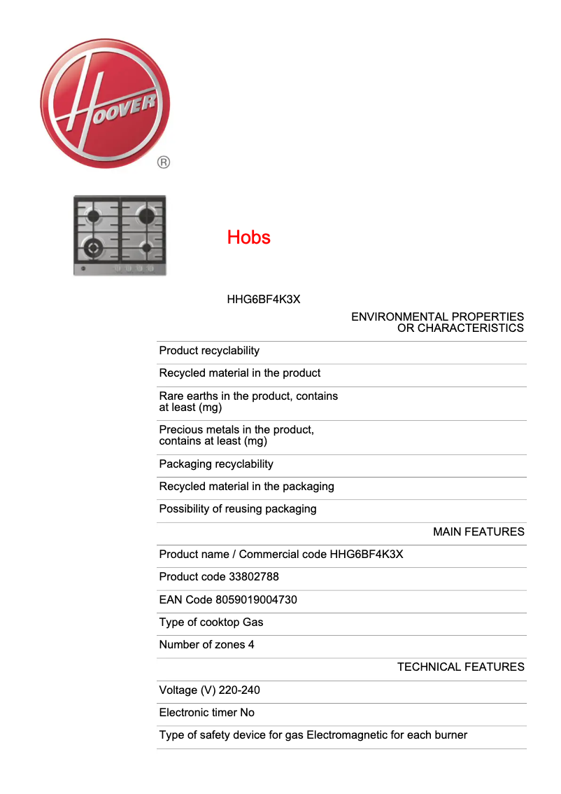 Page n°1 - Fiche technique Hoover H-HOB 300 HHG6BF4K3X