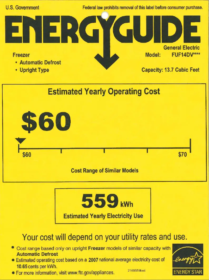 Page 1 de la notice Label énergétique GE FUF14DVRWW