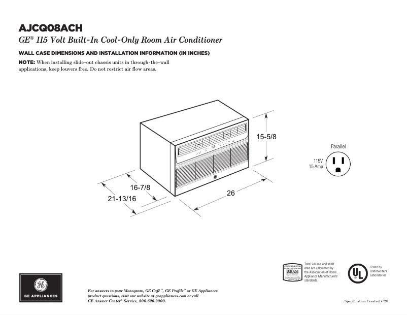 Page 1 of the manual Technical Sheet GE AJCQ08ACH