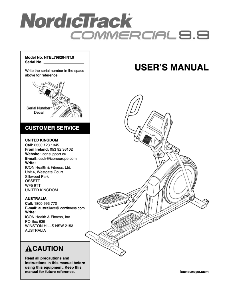 Page n°1 - Manuel utilisateur NordicTrack Commercial 9.9