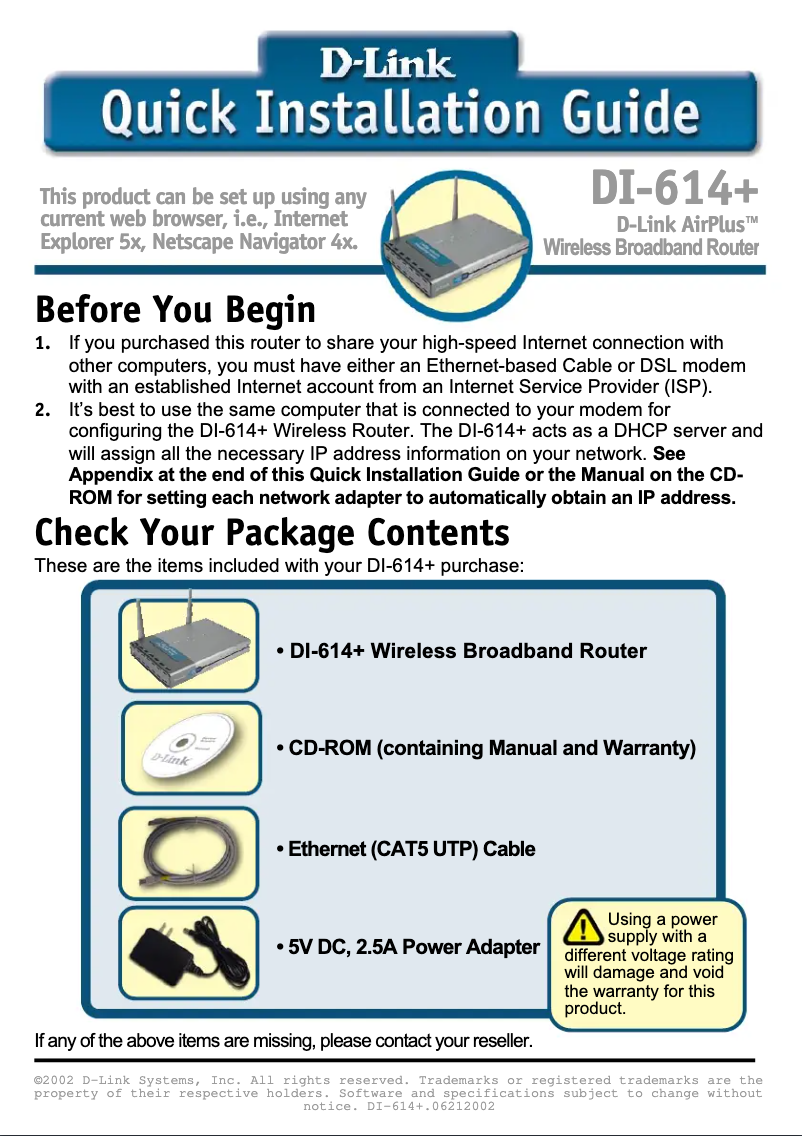 Page n°1 - Guide d'installation D-Link DI-614