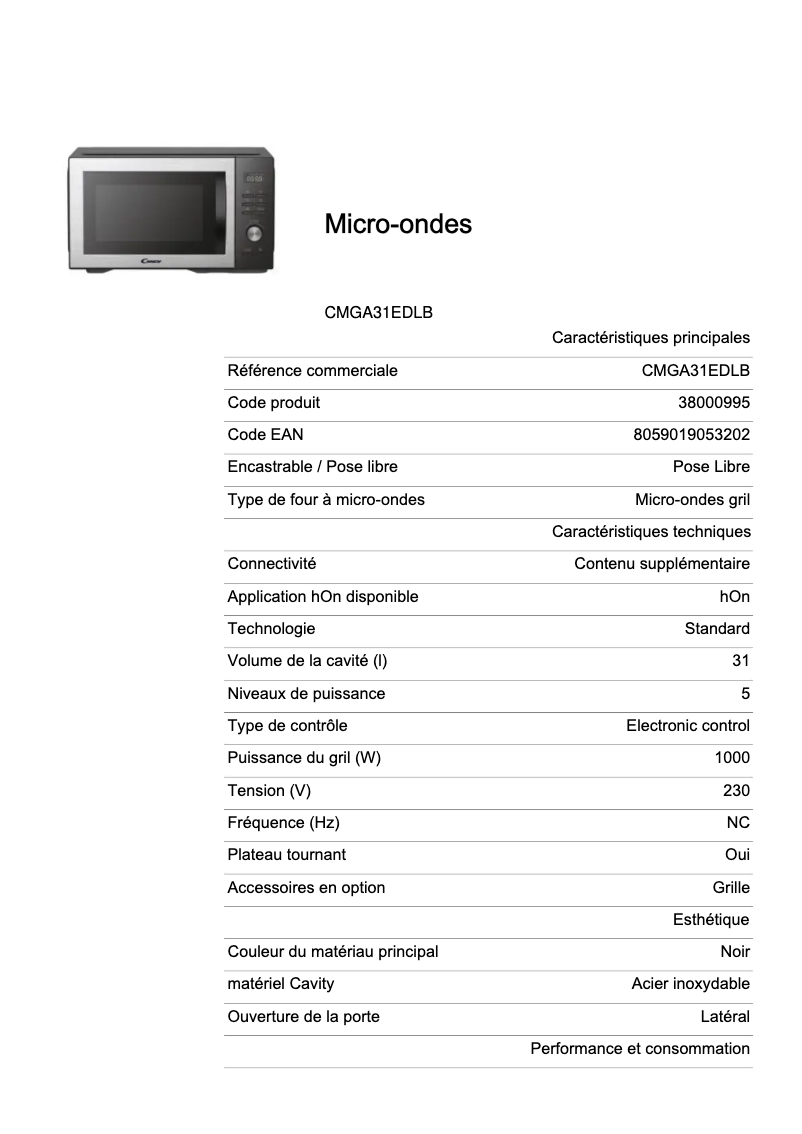 Page 1 de la notice Fiche technique Candy CMGA31EDLB