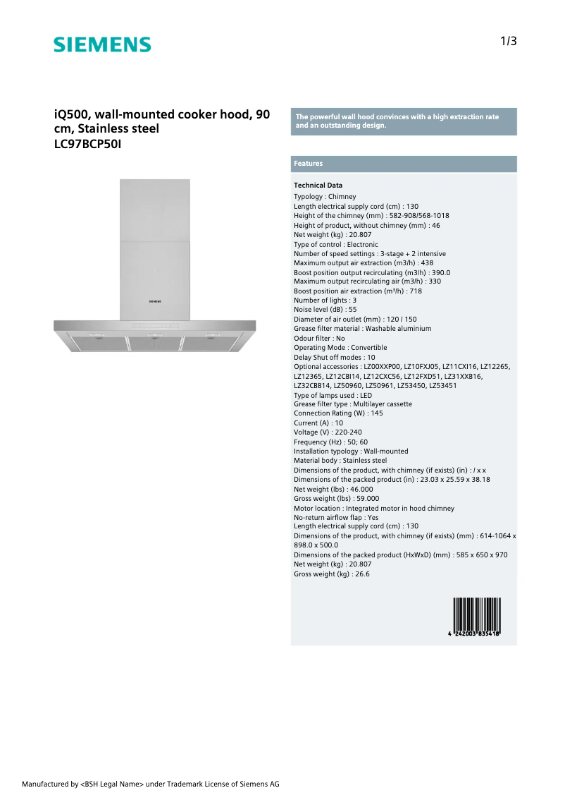 Page 1 de la notice Fiche technique Siemens LC97BCP50I