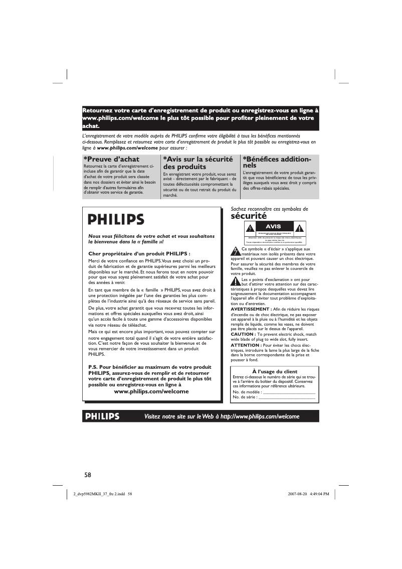 Page 1 de la notice Manuel utilisateur Philips DVP5982C1