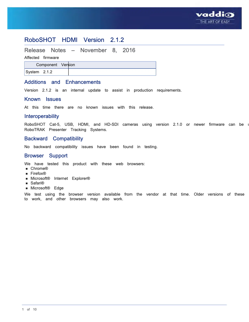 Page 1 de la notice Manuel utilisateur Vaddio ROBOSHOT 12 HDMI