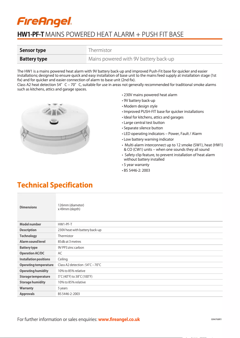 Page 1 de la notice Fiche technique FireAngel HW1-PF-T