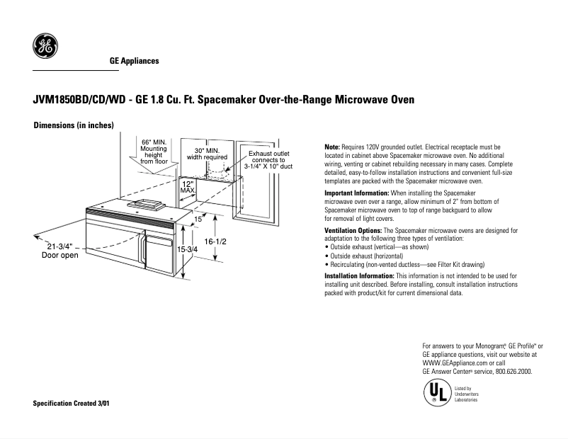 Página 1 del manual Ficha técnica GE JVM1850WD