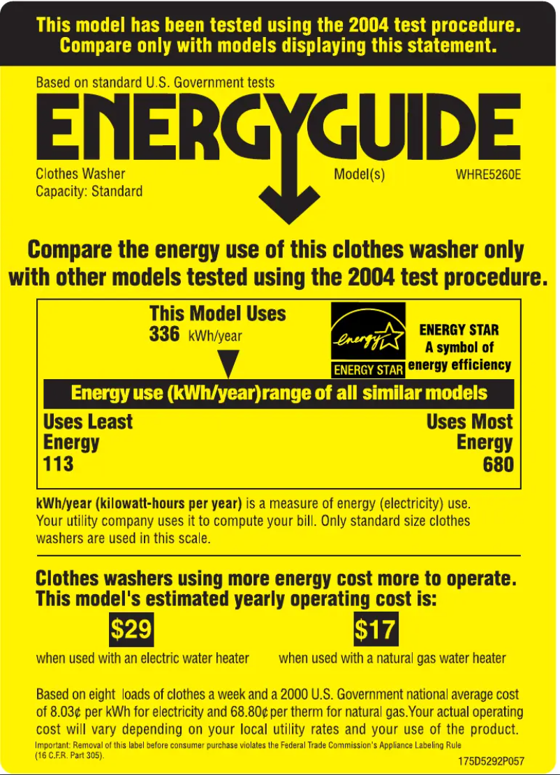 Página 1 del manual Etiqueta energética GE WHRE5260ECC