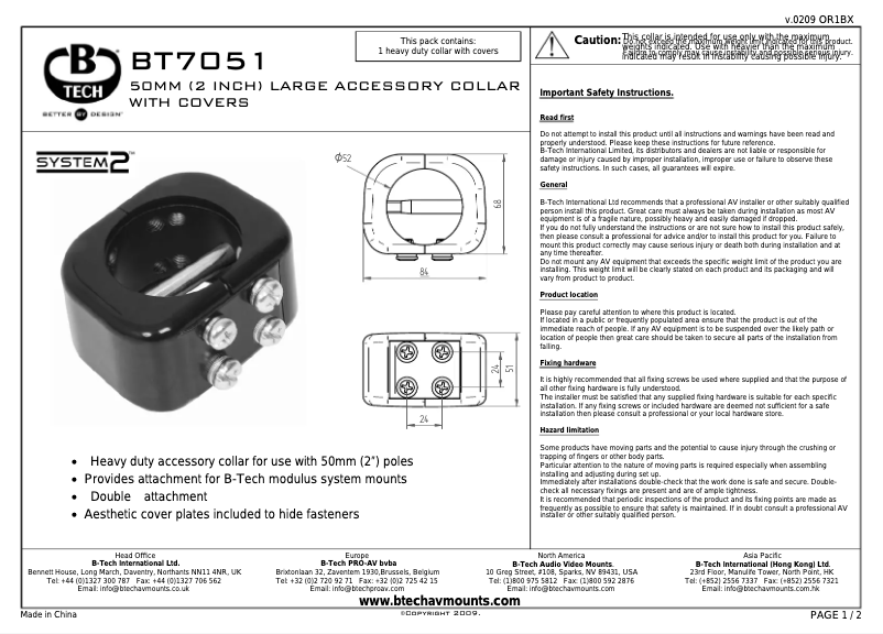 Page n°1 - Manuel utilisateur B-Tech BT7051