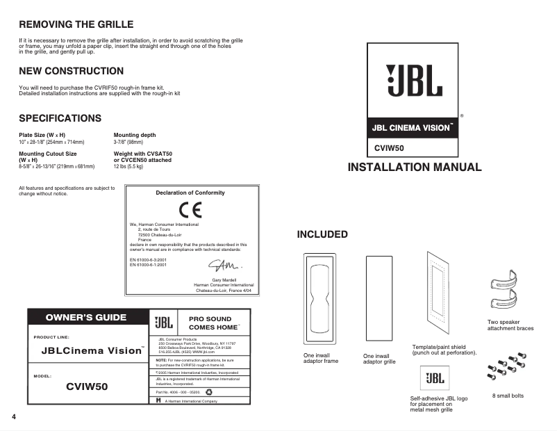 Page 1 de la notice Manuel utilisateur JBL Cinema Vision CVIW50