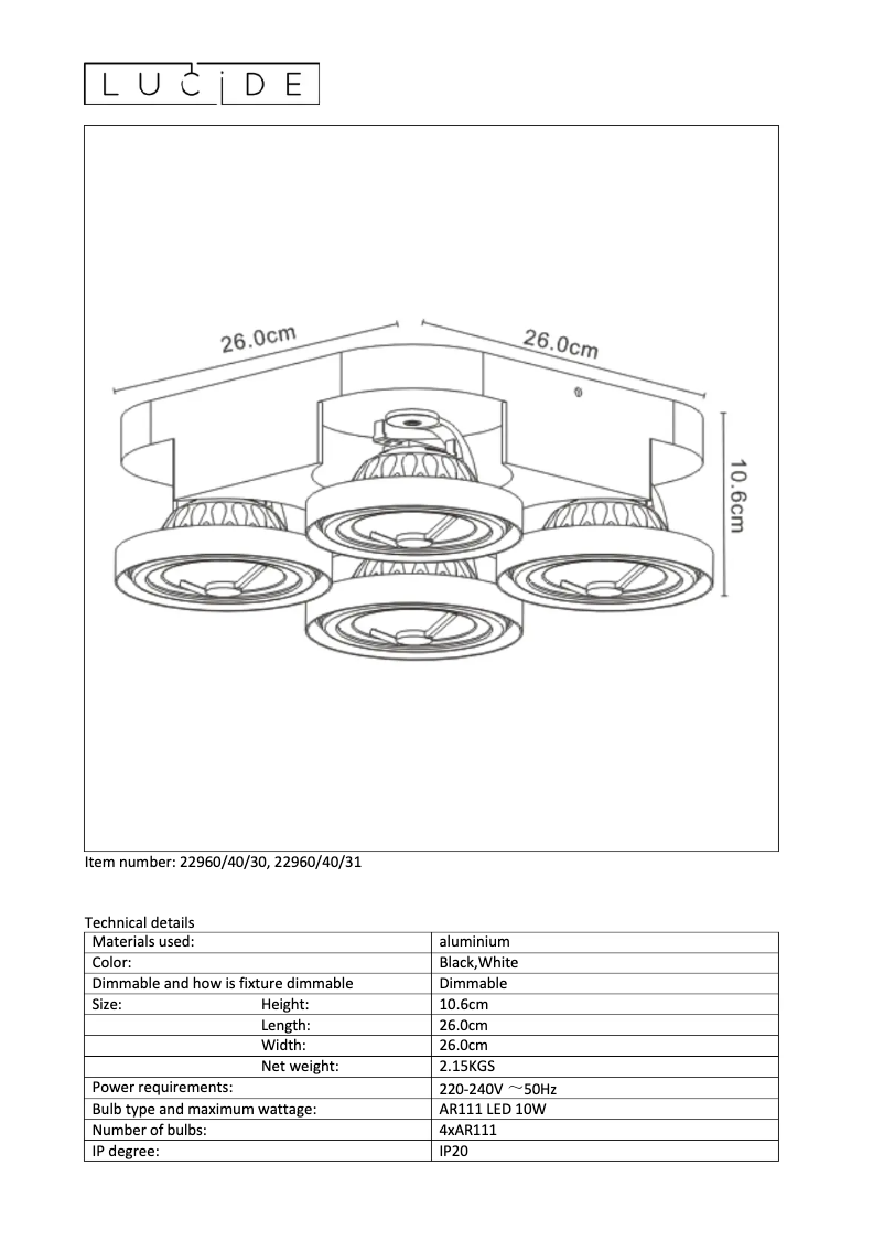 Page 1 de la notice Manuel utilisateur Lucide Versum ar111 22960/40/30