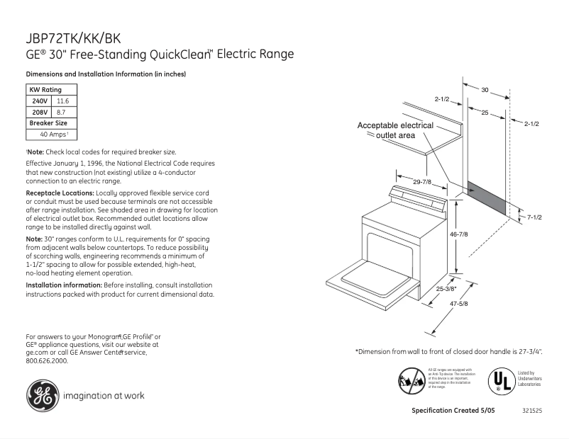 Page 1 of the manual Technical Sheet GE JBP72KKCC