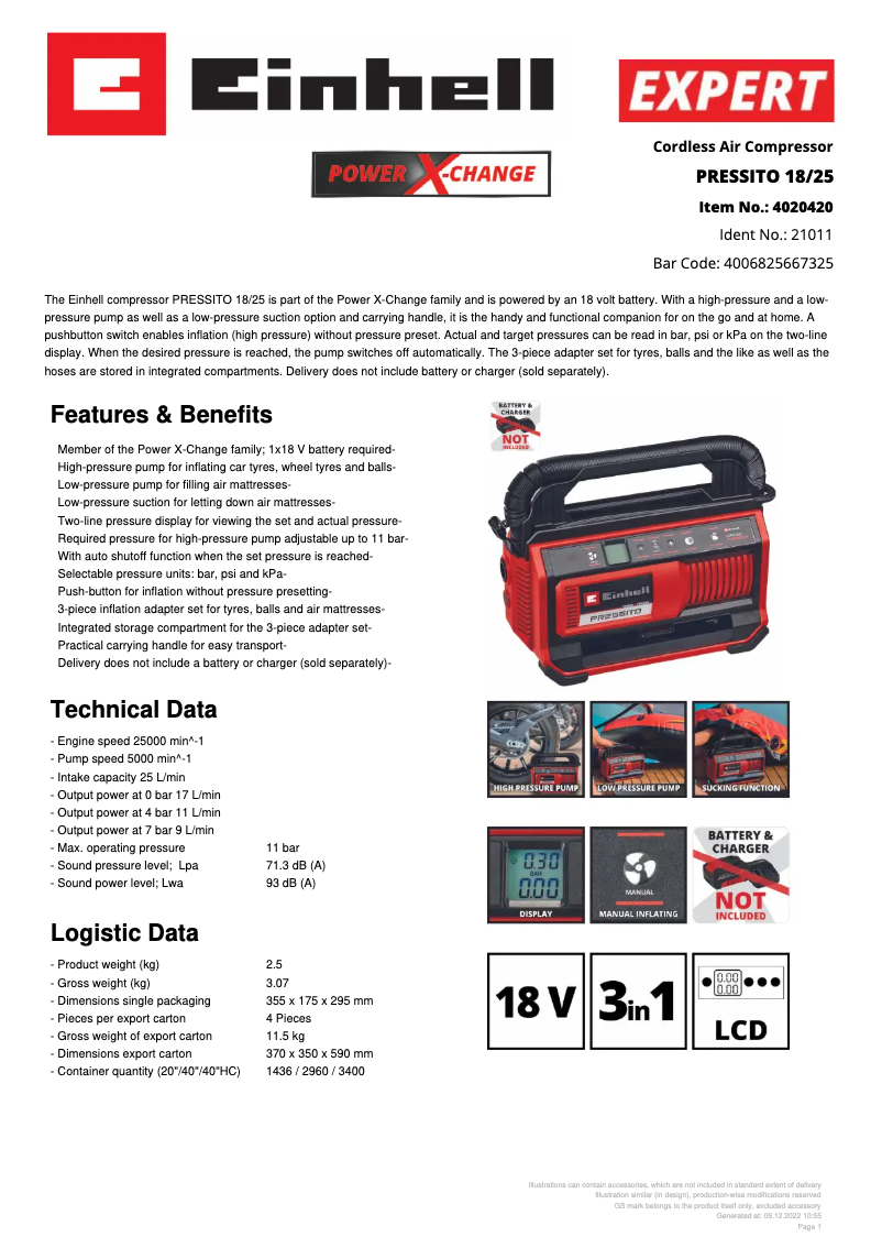 Page 1 de la notice Fiche technique Einhell PRESSITO 18/25