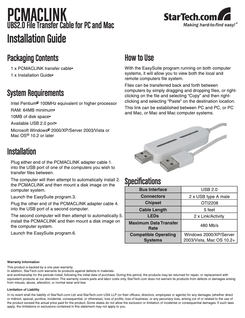 Page n°1 - Manuel utilisateur StarTech.com PCMACLINK