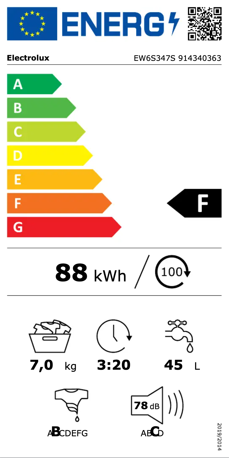 Page 1 de la notice Label énergétique Electrolux EW6S347S