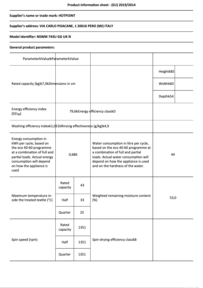 Page n°1 - Fiche technique Hotpoint NSWM 743U GG UK N