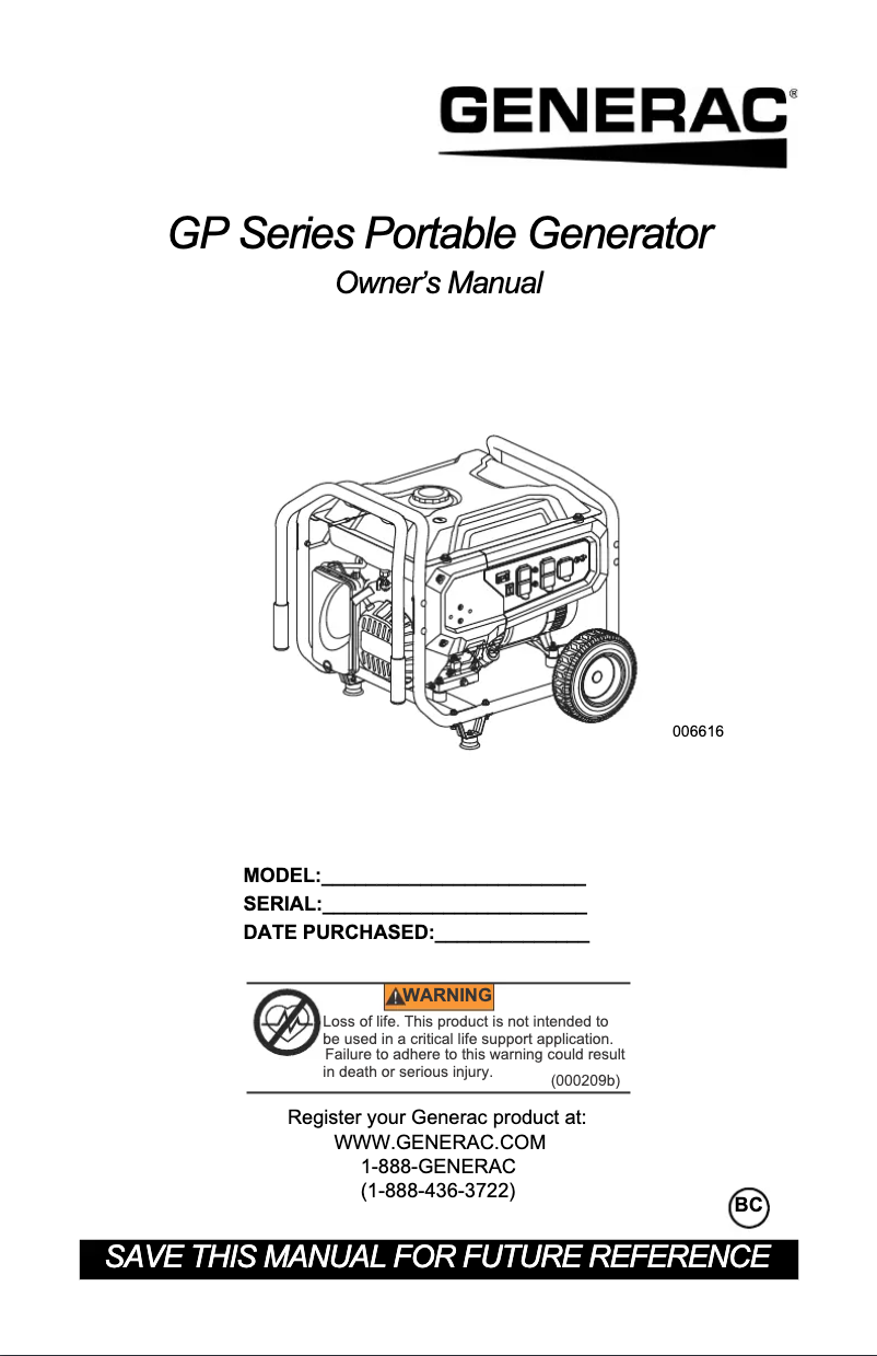 Page n°1 - Manuel utilisateur Generac GP Series 6500E