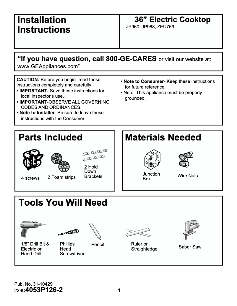Page 1 of the manual Installation Guide GE Profile Performance JP960CACC