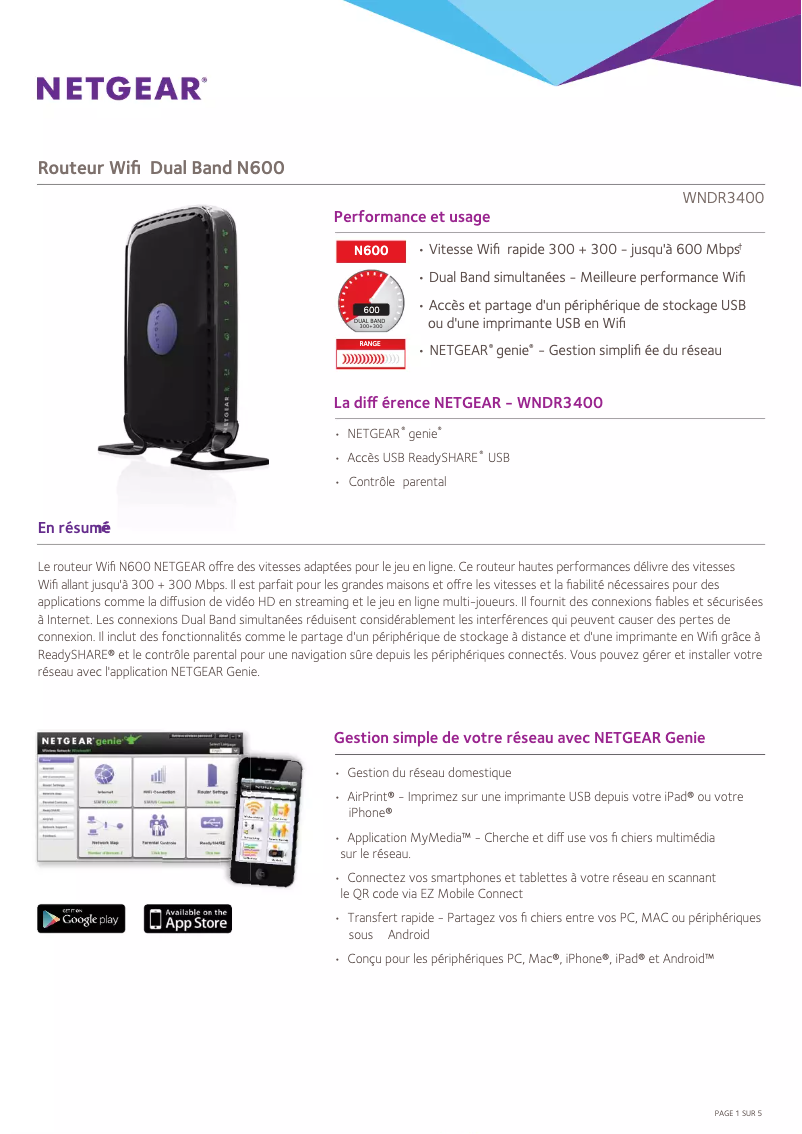 Page 1 de la notice Fiche technique Netgear RangeMax WNDR3400