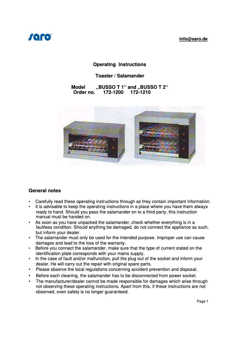 Page 1 de la notice Manuel utilisateur Saro BUSSO T1