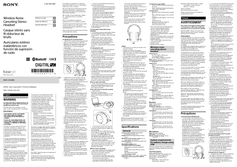 Image de la première page du manuel de l'appareil MDR-100ABN