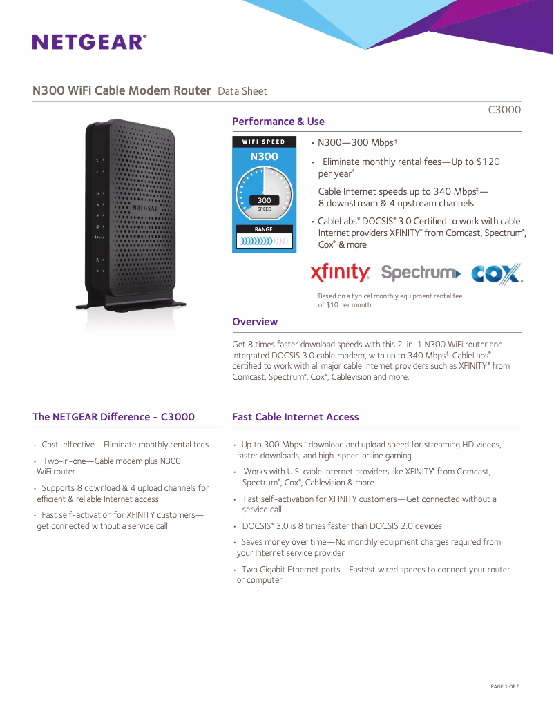 Page 1 de la notice Fiche technique Netgear C3000