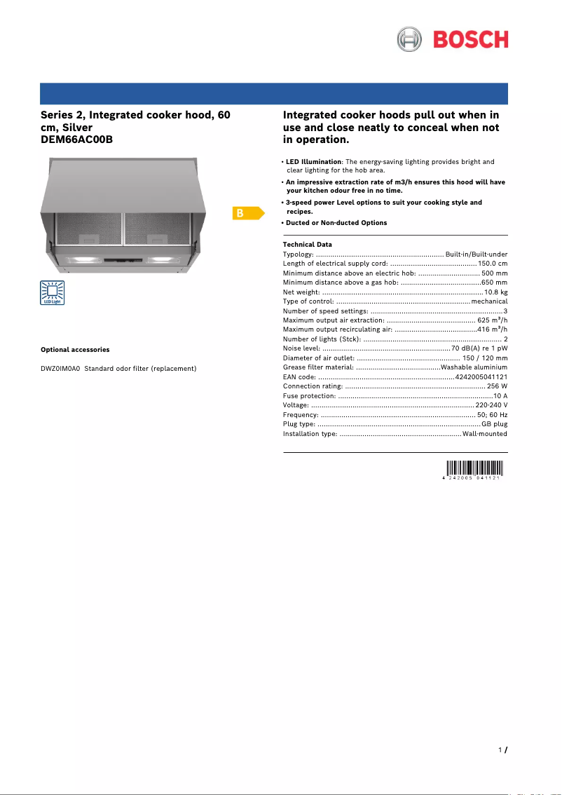 Page 1 de la notice Fiche technique Bosch Serie 2 DEM66AC00B